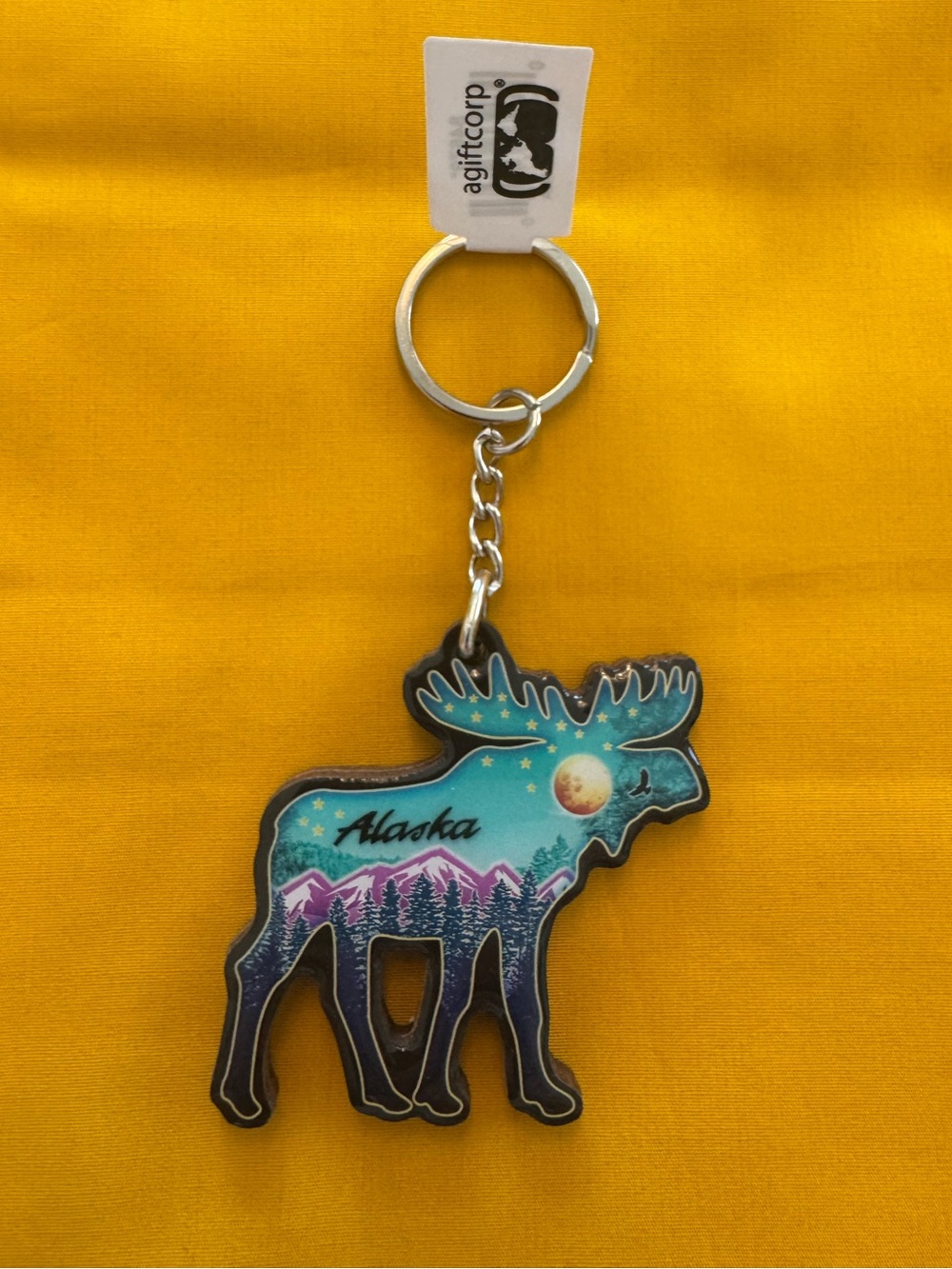 Alaska Moose Keychain - Turquoise & Purple, Mountain Design